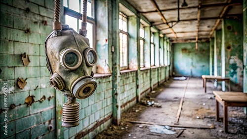 Gas mask hanging on a hook in a deserted school in Masheve, Chernobyl Exclusion Zone, Ukraine, Gas mask photo