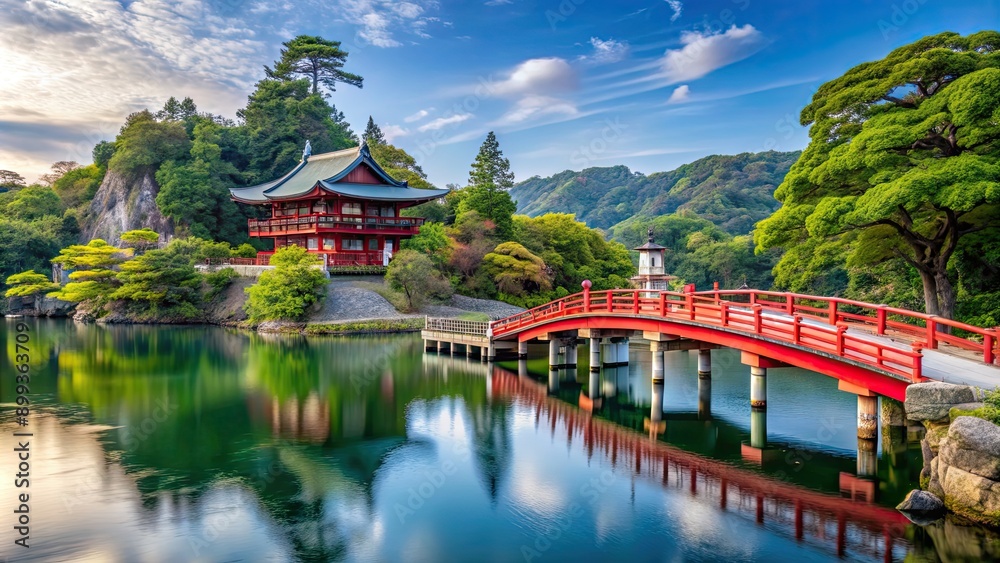 Fototapeta premium Scenic view of Godaido of Zuiganji Temple with red bridge in Matsushima, Japan, Matsushima, Miyagi, Japan