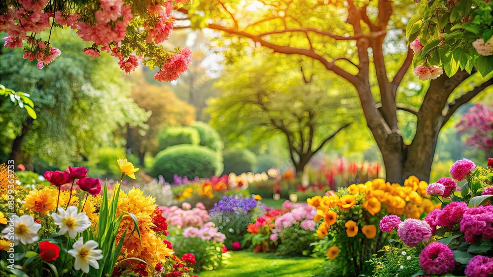 Beautiful close-up of blossoming flowers and vibrant green trees in a lush garden setting, nature, garden, flowers, trees Beautiful close-up of blossoming flowers and vibrant green trees in a lush garden setting, nature, garden, flowers, trees