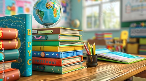 A stack of new textbooks on a wooden desk, each book with a colorful cover and title. 