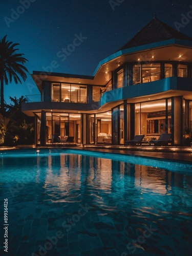 Opulent house with illuminated swimming pool at night