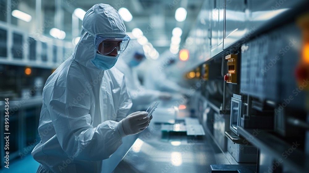 Focused lab technician in protective gear working diligently in a high-tech cleanroom, essential for research and manufacturing in pharmaceuticals or electronics. Focused lab technician in protective gear working diligently in a high-tech cleanroom, essential for research and manufacturing in pharmaceuticals or electronics.