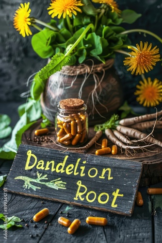 Dandelion root and supplement capsules. Selective focus. photo