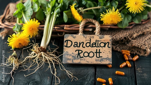 Dandelion root and supplement capsules. Selective focus. photo