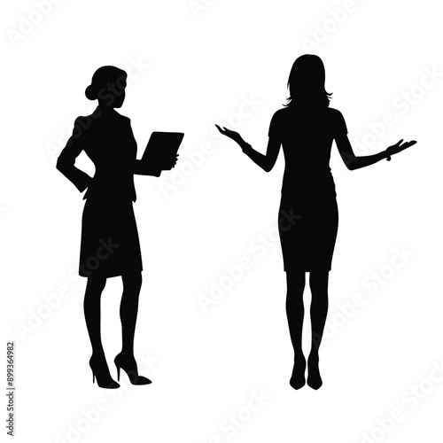 Silhouette of two women presenting business ideas, perfect for professional presentations.