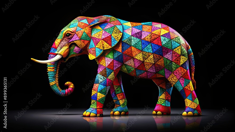 Obraz premium Geometric multicolored elephant with vibrant mosaic patterns on black background, elephant,geometric