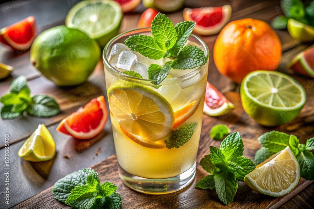 Vibrant refreshing cocktail blending freshly squeezed citrus juices, aromatic herbs, and sparkling water, garnished with a twist of lime and a sprig of mint. Vibrant refreshing cocktail blending freshly squeezed citrus juices, aromatic herbs, and sparkling water, garnished with a twist of lime and a sprig of mint.