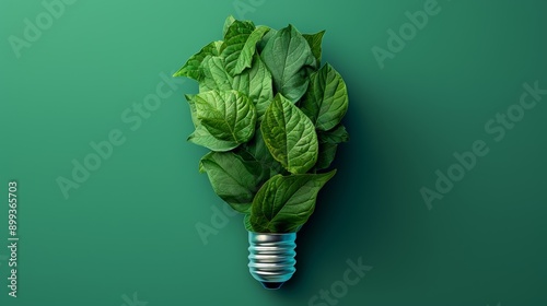 A conceptual illustration of a lightbulb filled with green leaves, representing the idea of green design and sustainable energy. photo