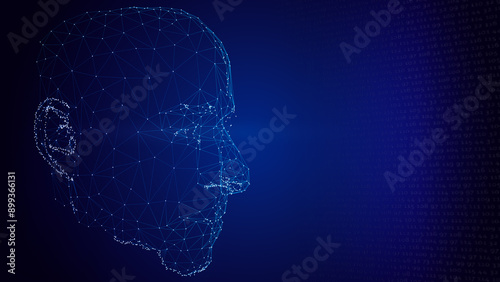 A human head shape made of fractals, with lines connected by dots, on a dark blue background symbolizes advanced technology, biological modernization, revolutionary information processing, 3D render.