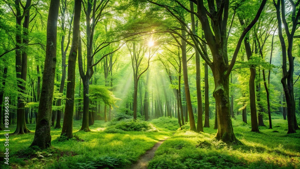 Naklejka premium Lush green forest with abundant trees, nature, foliage, woods, growth, environment, lush, dense, greenery, trees