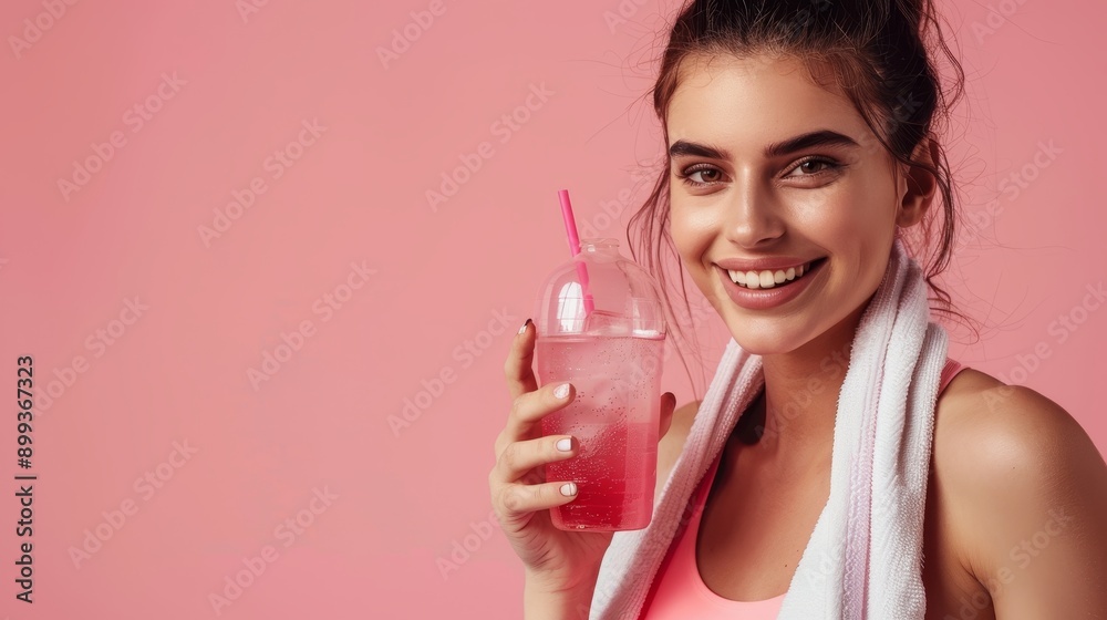 A woman is smiling and holding a cup with a straw in it