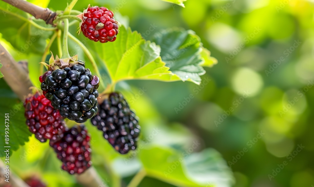 black ripe and red unripe mulberries on tree branch, Generative AI black ripe and red unripe mulberries on tree branch, Generative AI