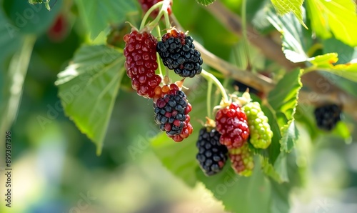  black ripe and red unripe mulberries on tree branch, Generative AI