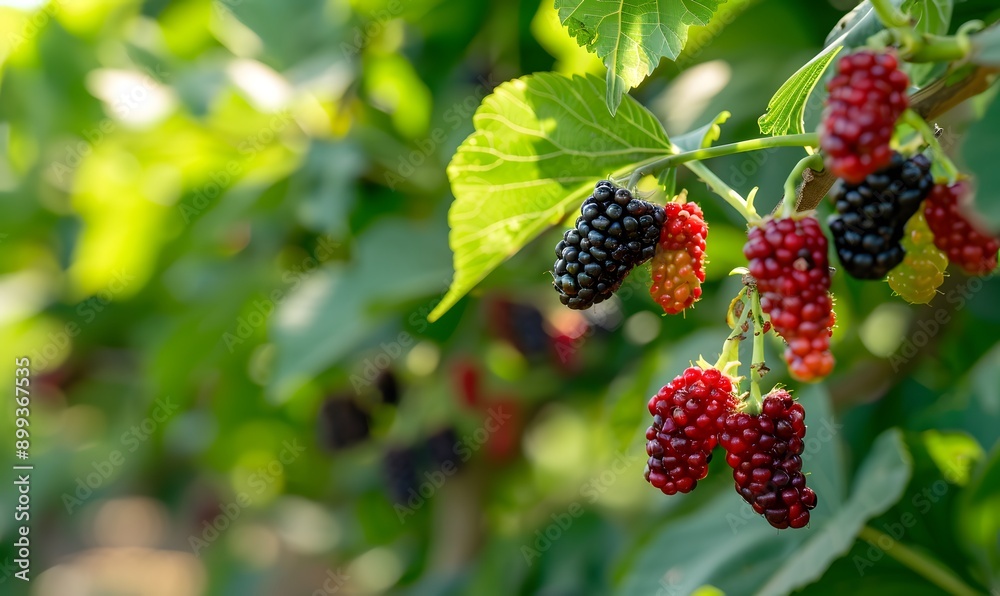  black ripe and red unripe mulberries on tree branch, Generative AI