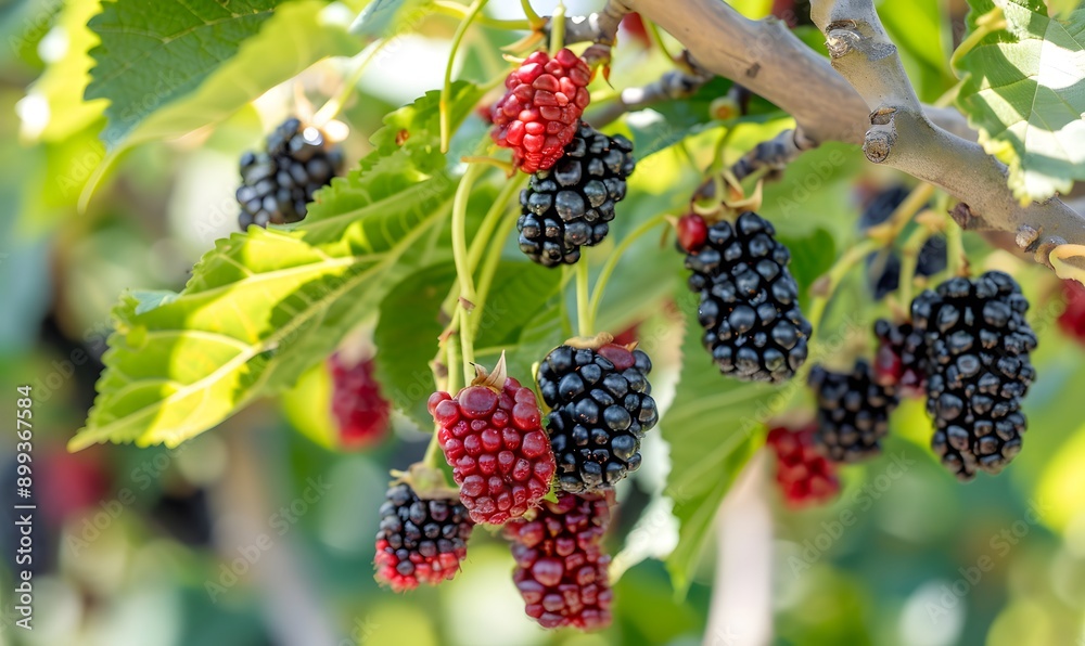 black ripe and red unripe mulberries on tree branch, Generative AI black ripe and red unripe mulberries on tree branch, Generative AI
