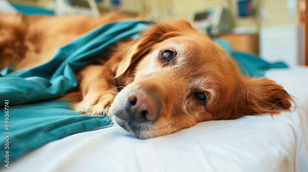 A  dog sleeping on a hospital bed looking sad 