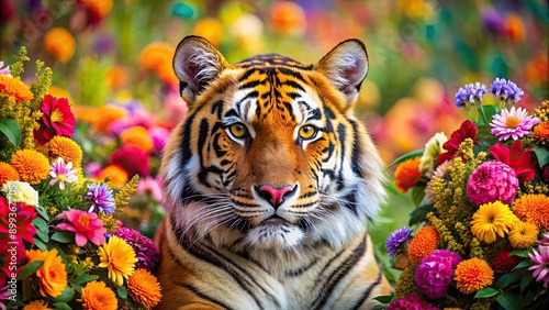 Tiger adorned with vibrant flowers in a whimsical and colorful display, tiger, flowers, nature, wild, animal, exotic photo