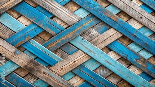 Vibrant blue and gray painted stripes adorn distressed wooden planks, showcasing a mesmerizing pattern of interlocking strips, evoking a sense of rustic urban charm. photo