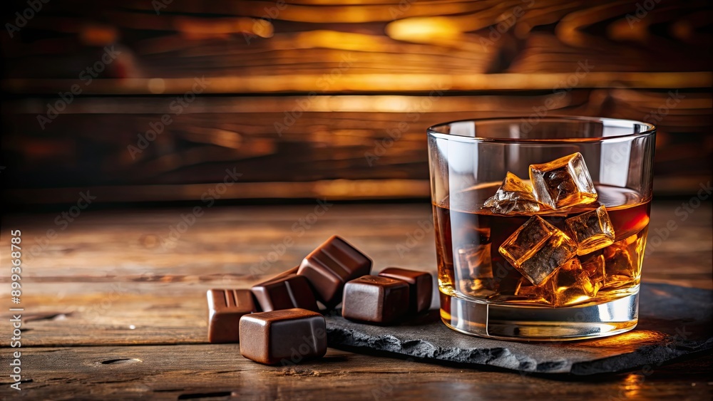 Whiskey on the rocks and chocolate at the bar , whiskey, rocks, glass, bar, alcohol, drink, ice, chocolate, dessert Whiskey on the rocks and chocolate at the bar , whiskey, rocks, glass, bar, alcohol, drink, ice, chocolate, dessert