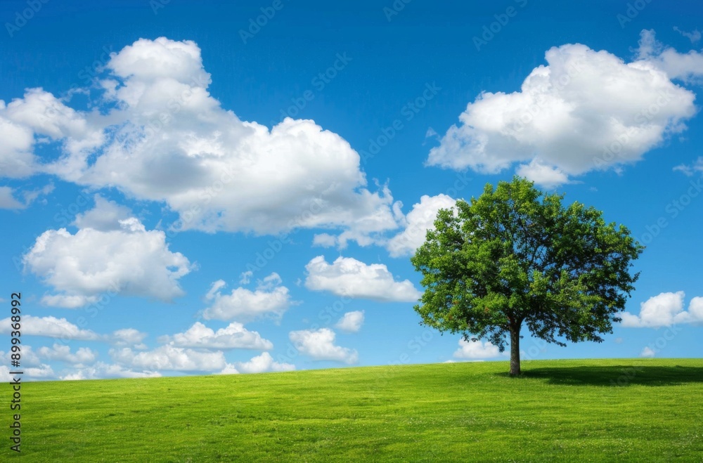 A bright blue sky with white clouds, a green grassy field and one tree
A bright blue sky with white clouds, a green grassy field and one tree