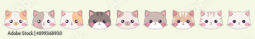 Kawaii cats emojis set. Cute cats head set. kawaii cat heads with different colors. Set of little cute cats. 