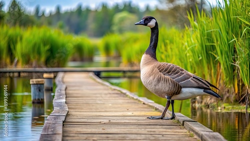 Canada goose standing on a boardwalk in a wetland habitat, Canada goose, boardwalk, wetland, wildlife, bird, nature, outdoor photo