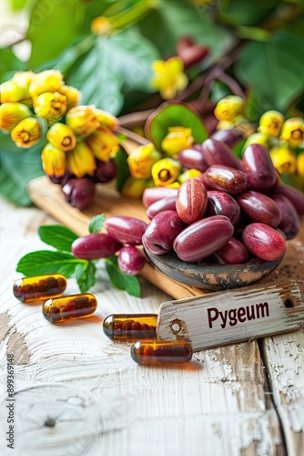 Pygeum supplements capsules on the table. Selective focus.