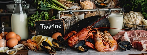 Food contains taurine on the table. Selective focus.