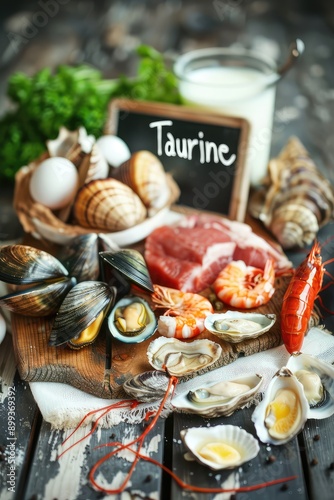 Food contains taurine on the table. Selective focus.