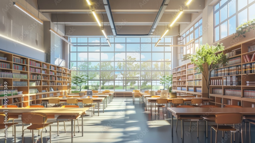 Modern Library Interior With Large Windows and Sunlight Modern Library Interior With Large Windows and Sunlight