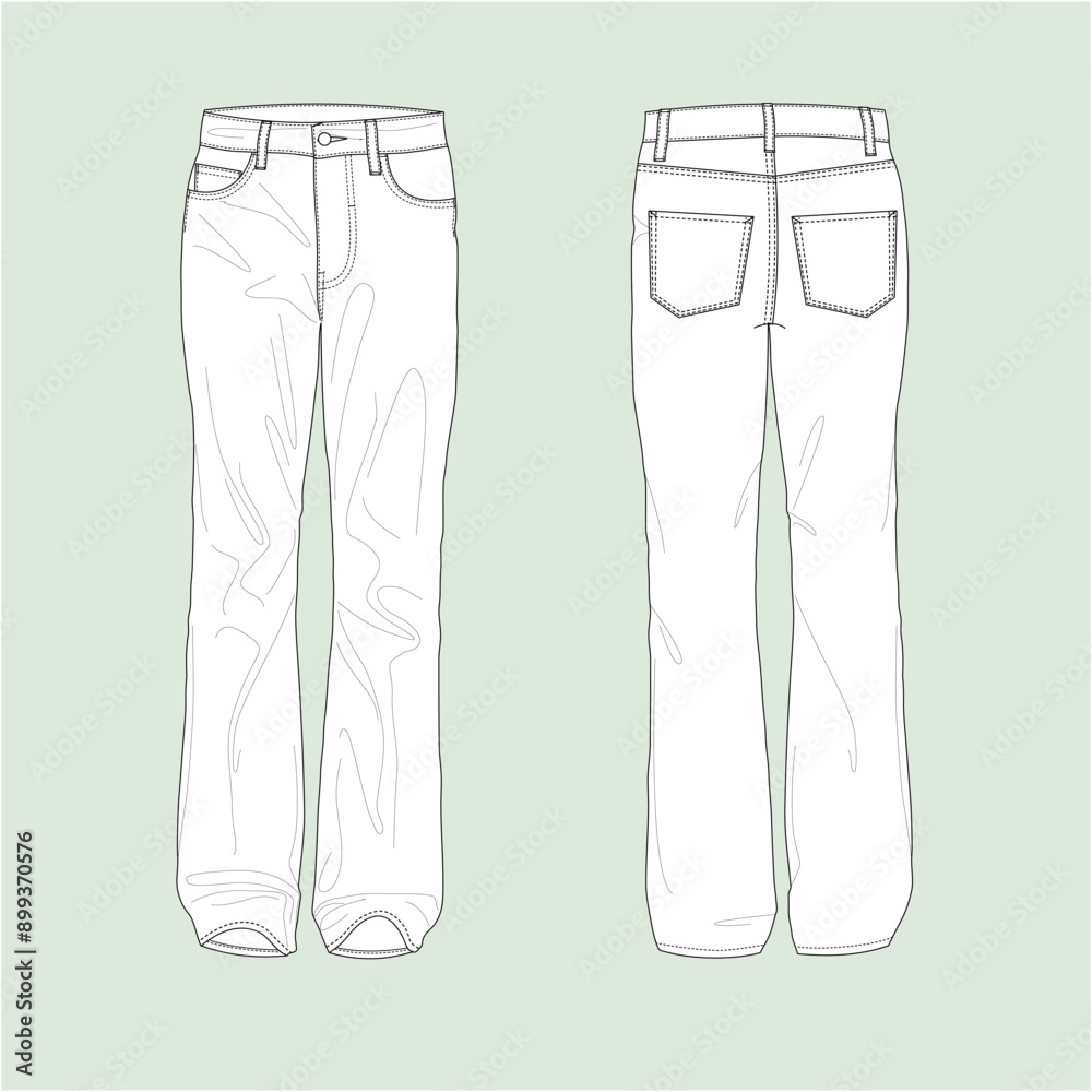 Silhouette Bootcut jeans, outline bootcut jeans, 5 pocket, mens jeans, lady jeans, fashion design, vector, illustration. Silhouette Bootcut jeans, outline bootcut jeans, 5 pocket, mens jeans, lady jeans, fashion design, vector, illustration.