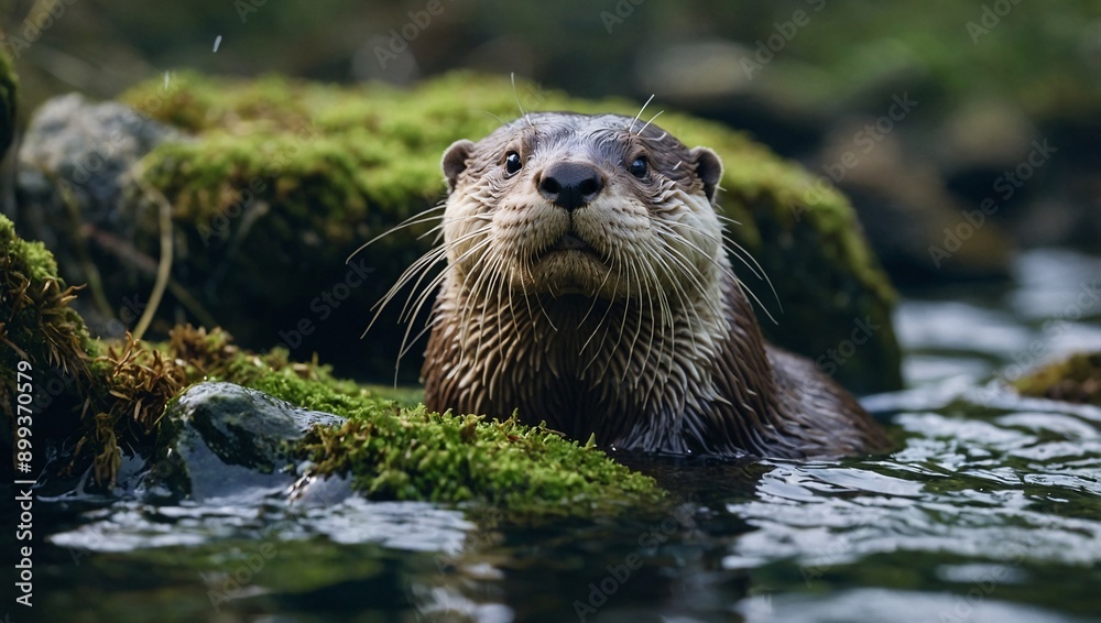 Otter playfully descending moss-covered rock into clear water, whiskers dripping Otter playfully descending moss-covered rock into clear water, whiskers dripping