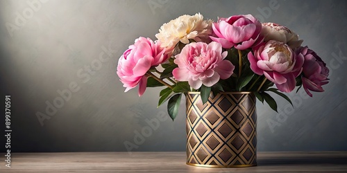 Fototapeta Naklejka Na Ścianę i Meble -  Art deco vase with geometric patterns holding lush peonies, art deco, vase, geometric, patterns, lush, peonies