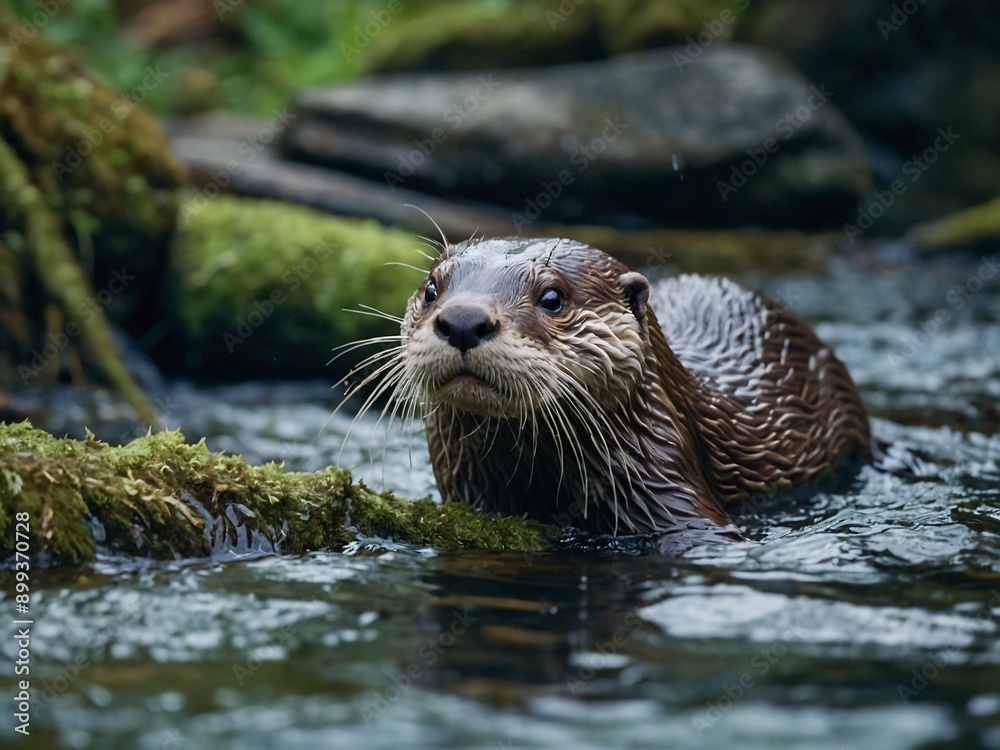Otter sliding down mossy stone into sparkling stream, whiskers shimmering with water Otter sliding down mossy stone into sparkling stream, whiskers shimmering with water