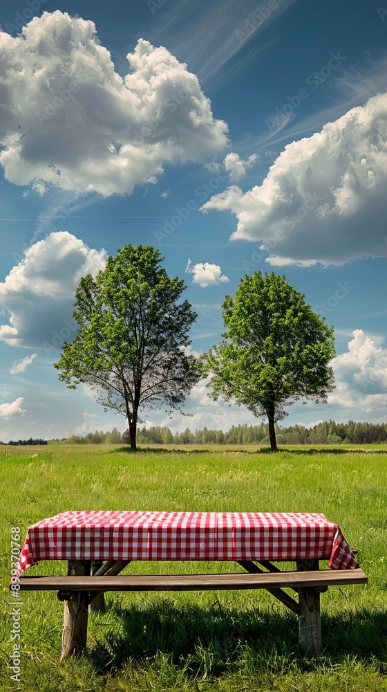 Wooden Table Overlooking Green Meadow under Blue Sky Wooden Table Overlooking Green Meadow under Blue Sky