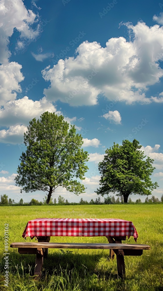 Wooden Table Overlooking Green Meadow under Blue Sky Wooden Table Overlooking Green Meadow under Blue Sky