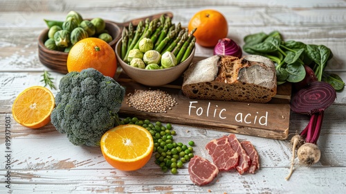 Folic acid in foods is on the table. Selective focus.