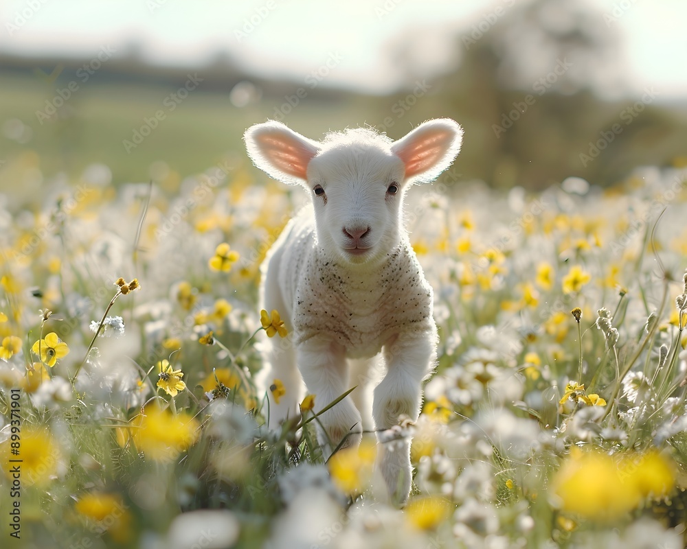 Fototapeta premium Newborn Lamb Taking First Steps in Lush Spring Meadow with Blooming Flowers Symbolizing New Life and Renewal