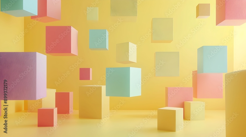 A room full of colorful cubes floating in the air A room full of colorful cubes floating in the air