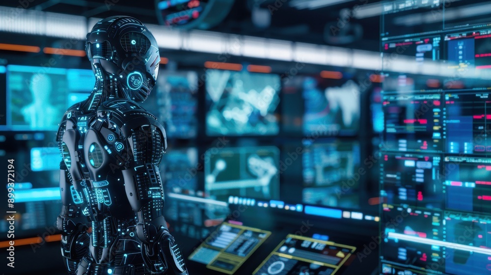 A cybernetic human figure with visible robotic enhancements, highlighting the integration of cyber technology and artificial intelligence, set against a backdrop of a high-tech control room with A cybernetic human figure with visible robotic enhancements, highlighting the integration of cyber technology and artificial intelligence, set against a backdrop of a high-tech control room with