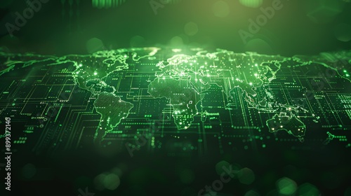 Fototapeta Naklejka Na Ścianę i Meble -  An abstract illustration of a digital world map protected by a glowing green firewall, representing global cybersecurity. Concept: digital world map, glowing green firewall, global cybersecurity.