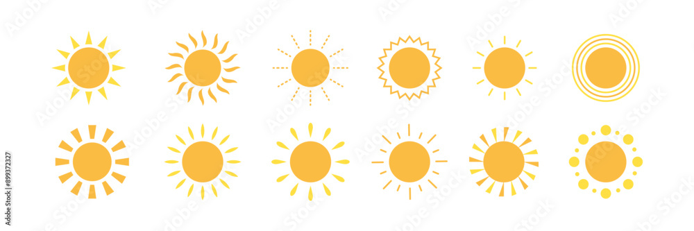 Sun icon set. Yellow sun starbeam Нot summer weather collection. Vector illustration Sun icon set. Yellow sun starbeam Нot summer weather collection. Vector illustration