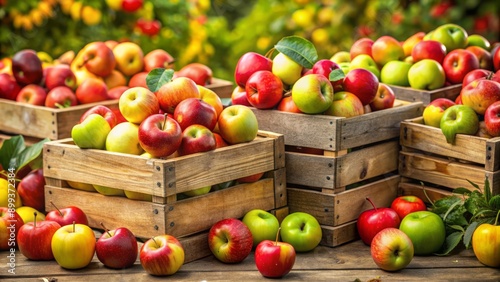 Freshly harvested ripe apples overflow from rustic wooden crates, showcasing vibrant red, green, and yellow hues, evoking feelings of autumnal abundance and natural splendor. photo