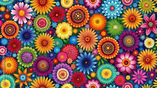 A vibrant and colorful pattern featuring an array of flowers, floral, blooms, garden, vibrant, colorful, bright, spring