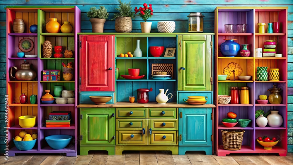 Fototapeta premium Colorful of a vibrant cupboard filled with different items, colorful, cupboard,vibrant, storage, home decor