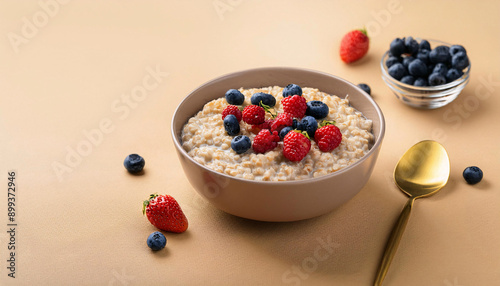 Firefly Bowl of oatmeal with fresh berries on a neutral beige background.. Image generated by AI photo