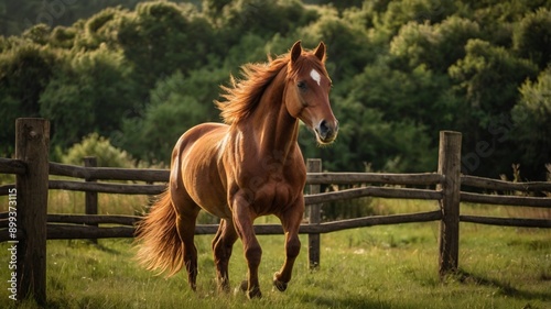 running horse on the farm or field with a fence on its back © Cams