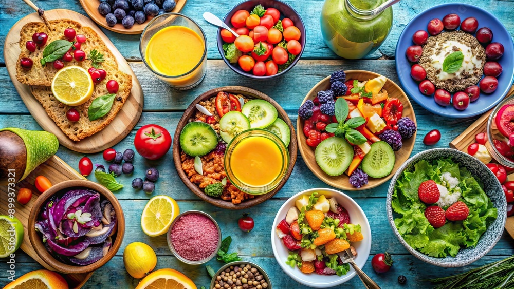 Vibrant vegan brunch spread with colorful salads, fruits, and smoothies , plant-based, brunch, vegan, colorful Vibrant vegan brunch spread with colorful salads, fruits, and smoothies , plant-based, brunch, vegan, colorful