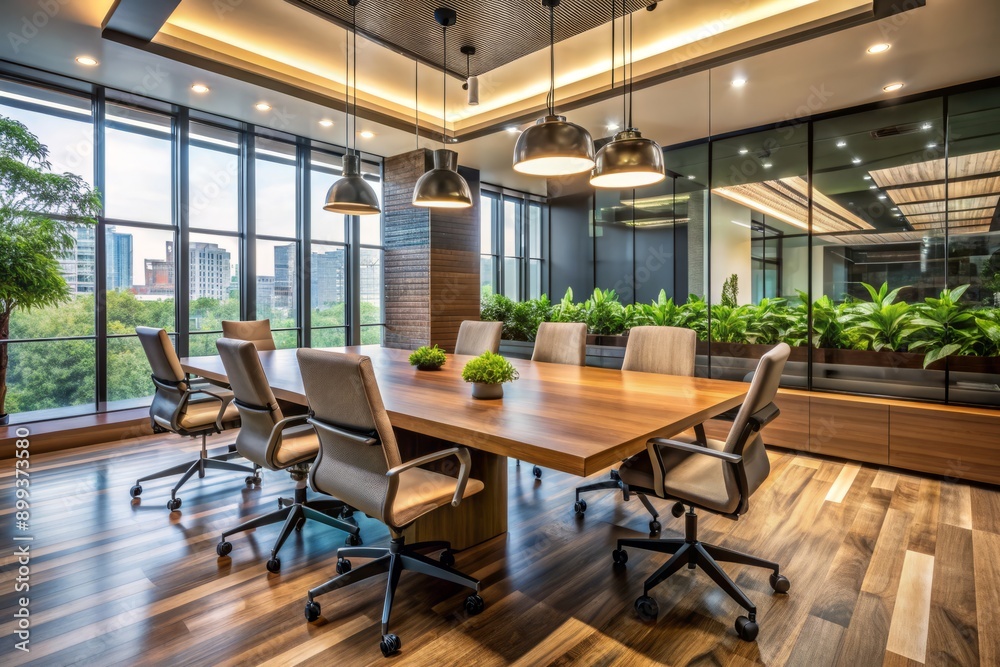 Empty modern conference room with sleek wooden table and ergonomic chairs, surrounded by large glass walls and sleek decorations, awaiting creative brainstorming sessions. Empty modern conference room with sleek wooden table and ergonomic chairs, surrounded by large glass walls and sleek decorations, awaiting creative brainstorming sessions.