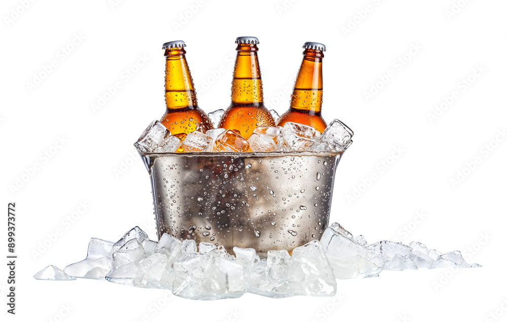 Εκτύπωση καμβά Ice Cold Refreshment: Three chilled bottles of beer nestled in a silver bucket, surrounded by glistening ice cubes, a perfect visual for a thirst-quenching beverage